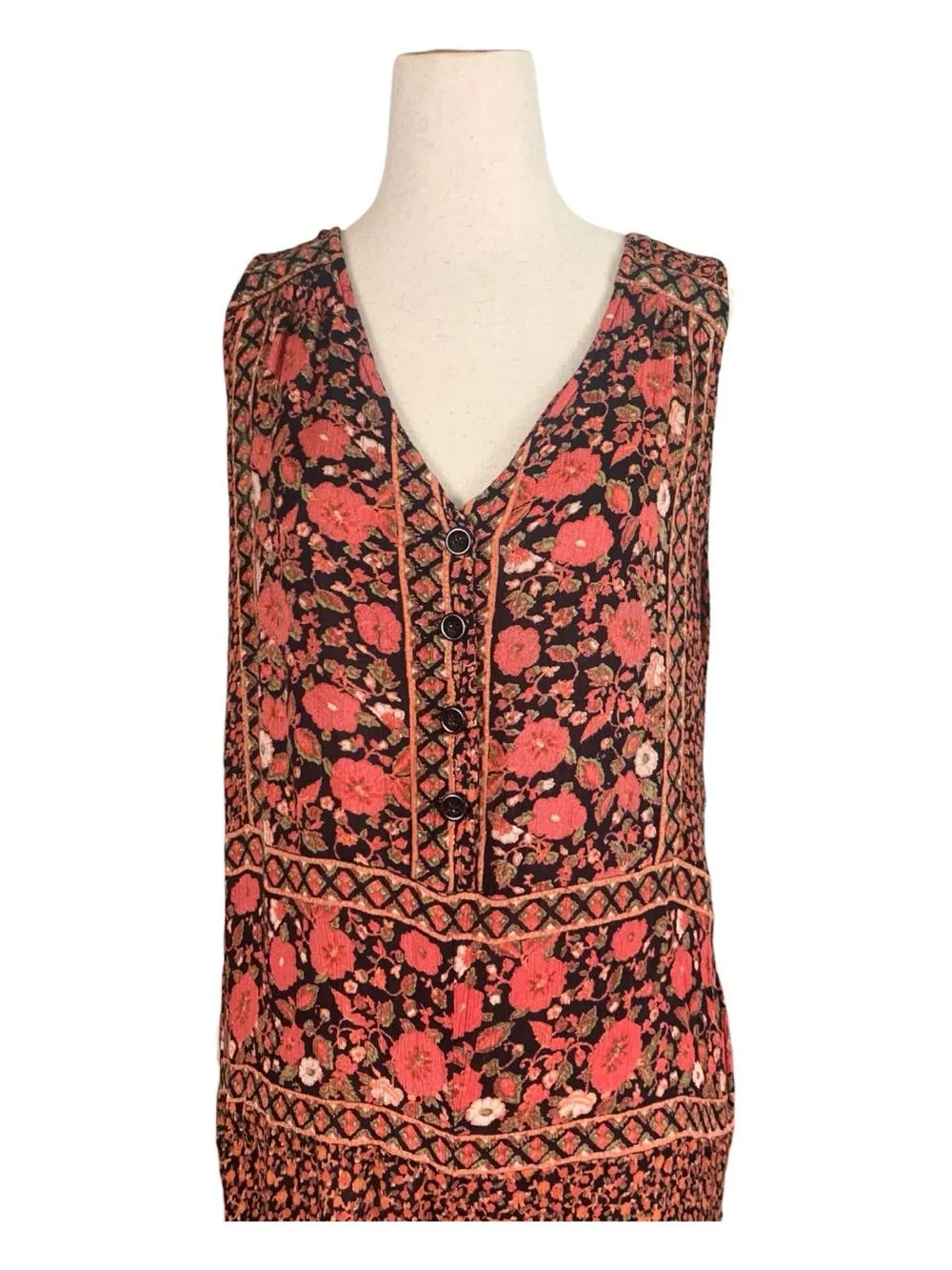 Free‎ People Coral Black Floral Geometric Romper Boho Coastal Cottagecore XS